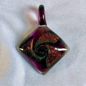 Handcrafted Lampwork Glass Pendant. Cube. Purple with Rainbow Foil Work.